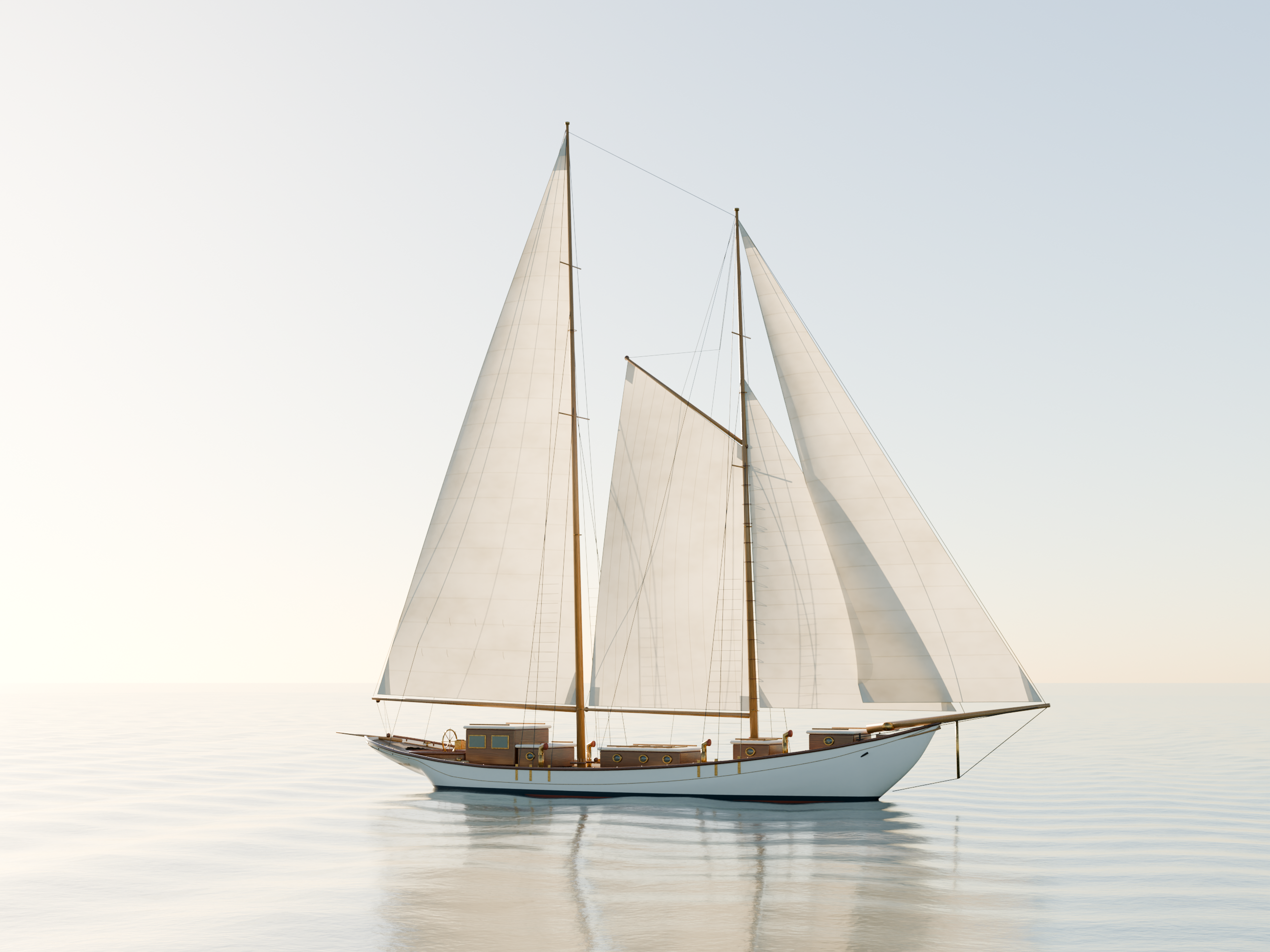 When and If under full sail on calm water in warm morning light